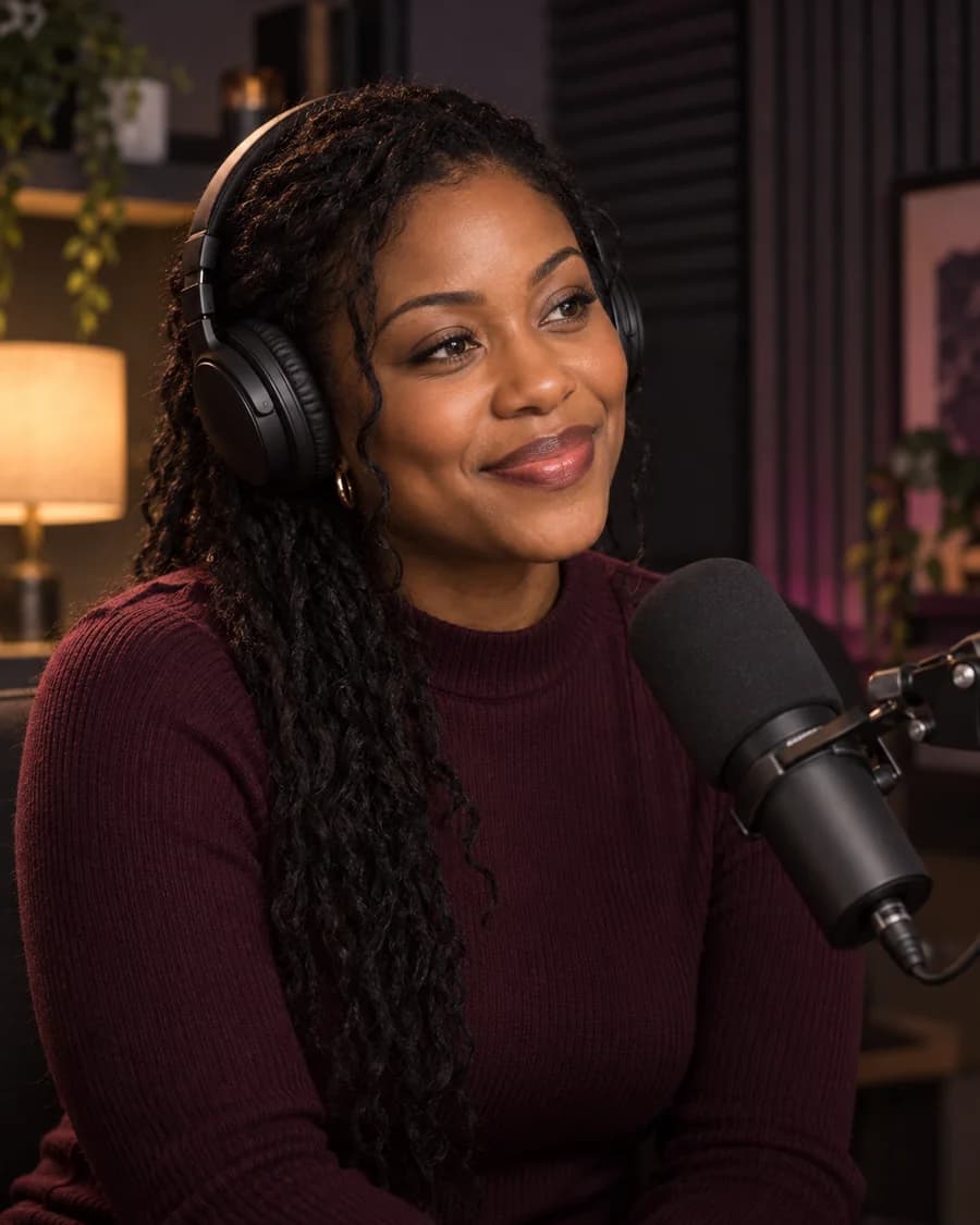 Maya, the podcast host, recording in her home studio