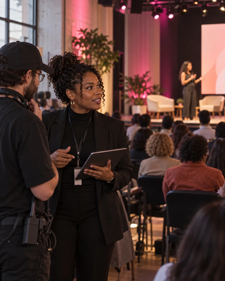 An event organizer coordinating a live professional gathering