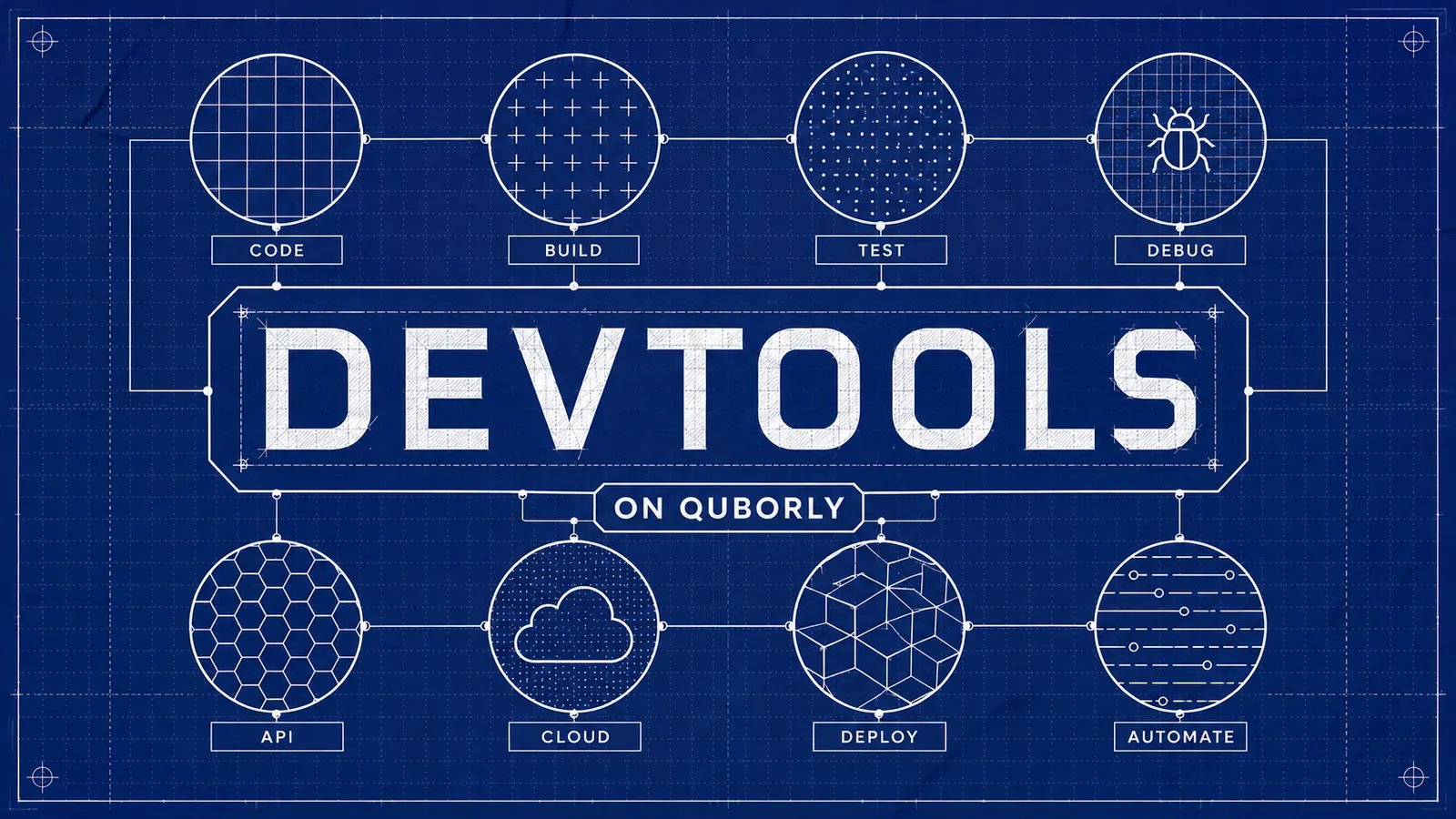 DEVTOOLS by Quborly event cover in a dark blue blueprint style with white technical diagrams and developer-tool labels.