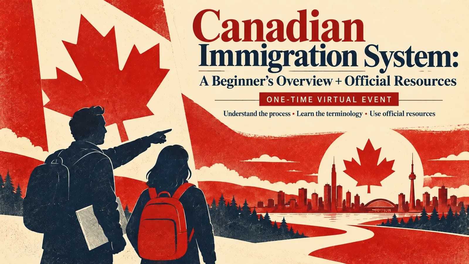 Vintage-style Canadian immigration course cover with maple leaf imagery, two travelers, a Canadian skyline and one-time virtual event details.