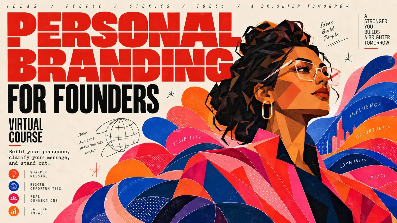 Personal Branding for Founders virtual course cover in a bold editorial illustration style with colorful geometric forms and a founder portrait.