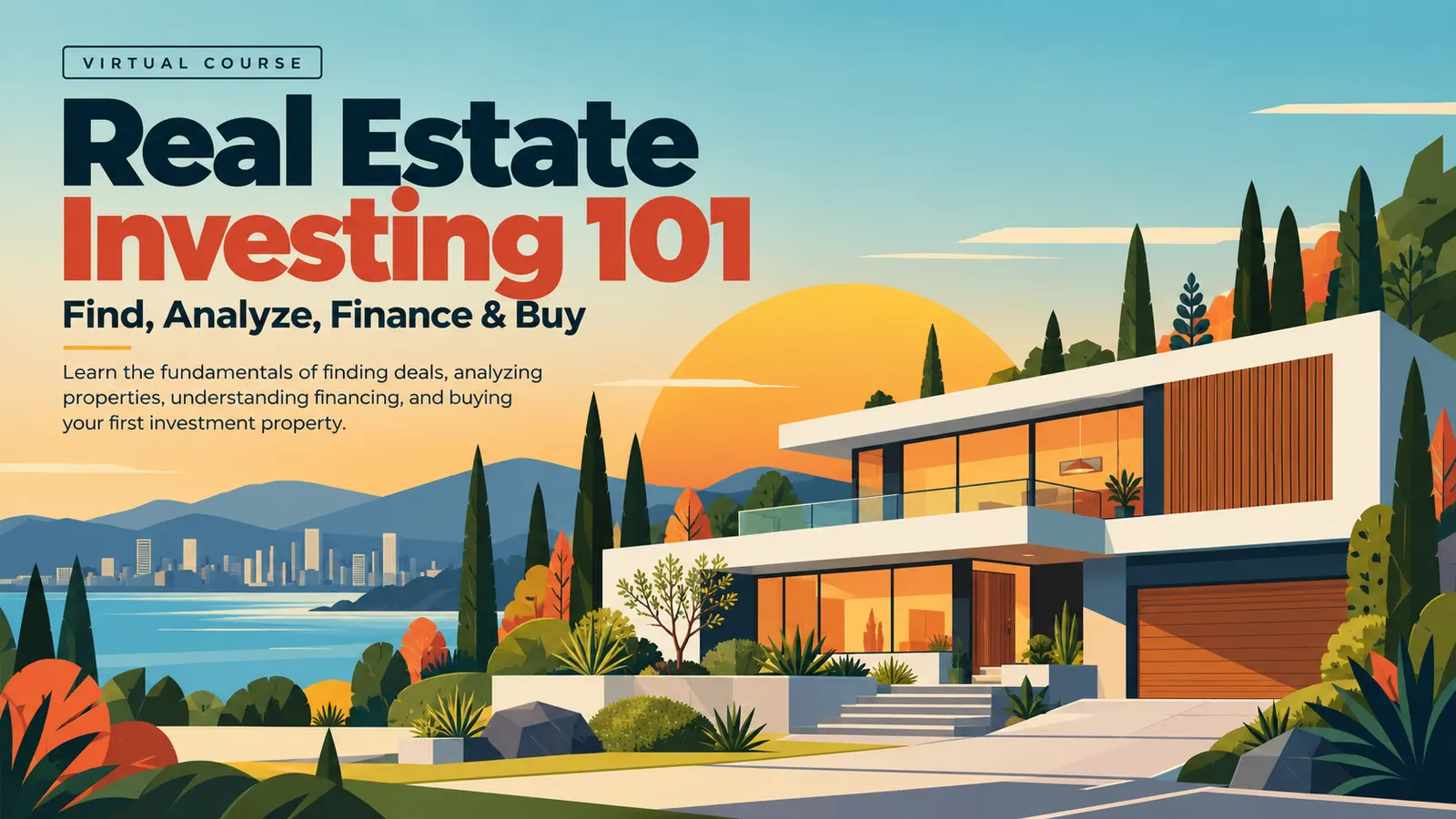 Real Estate Investing 101 virtual course cover with a stylized modern house and sunset landscape.